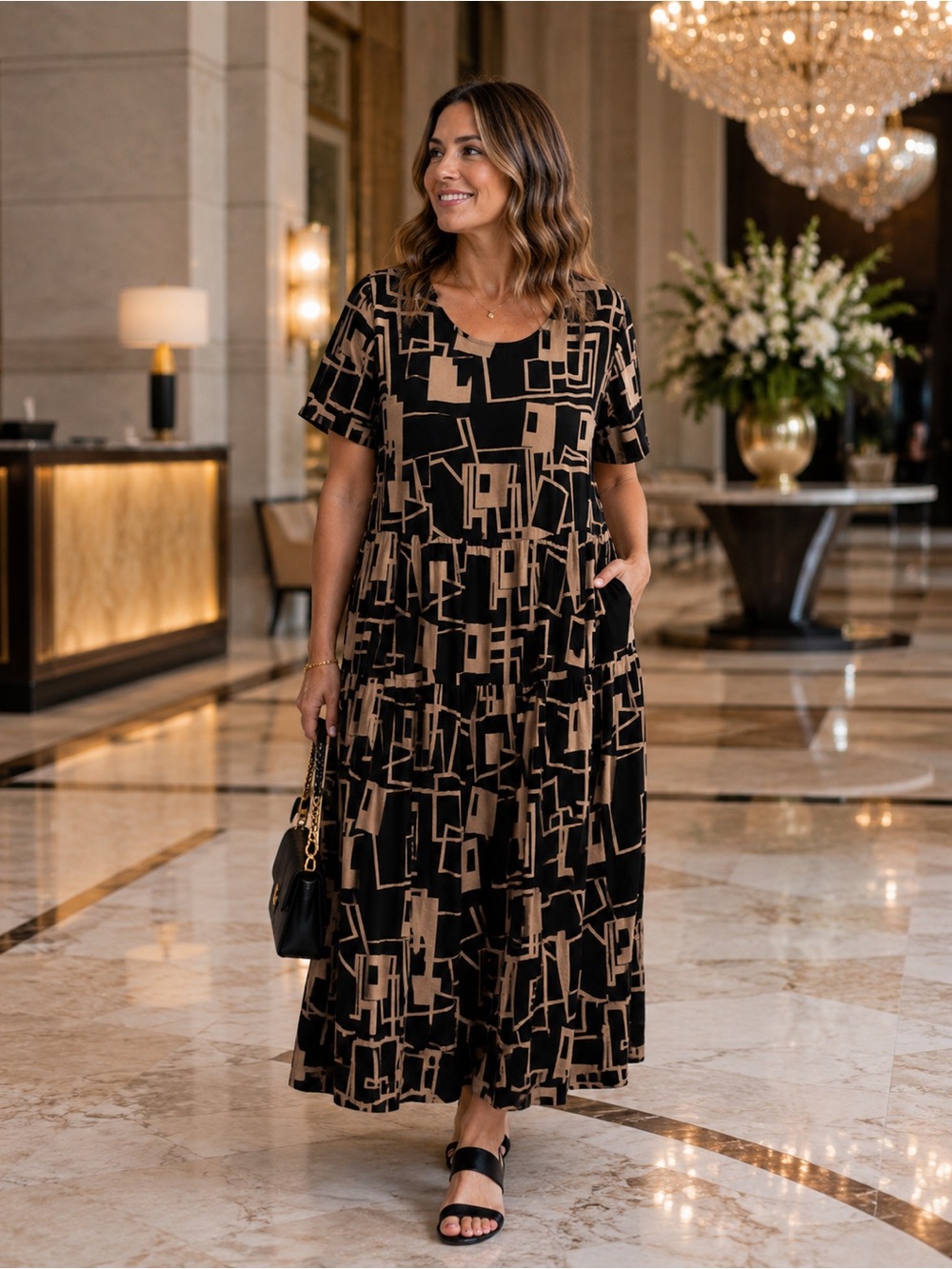 Women's Black & Tan Geometric Maxi Dress with Pockets